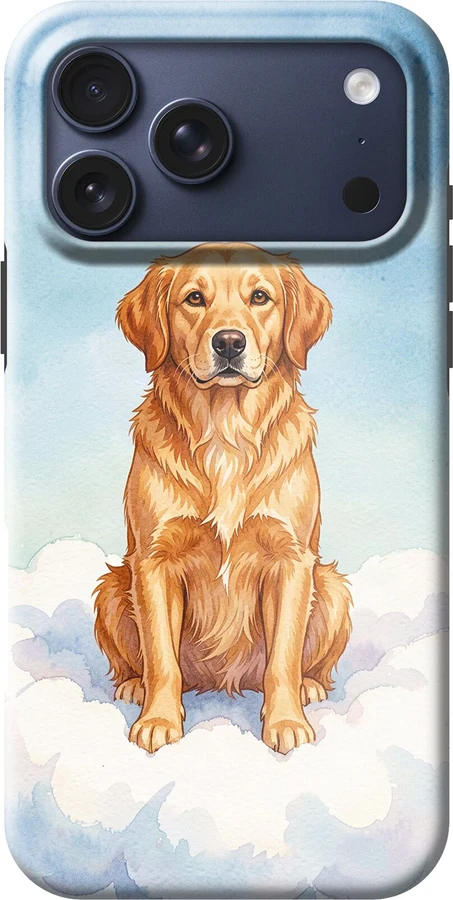 Phone case generated from: My golden retriever sitting on a fluffy cloud, soft watercolour