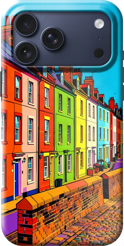 Seaside street, as a pop art poster, on an iPhone 18 Pro Max case