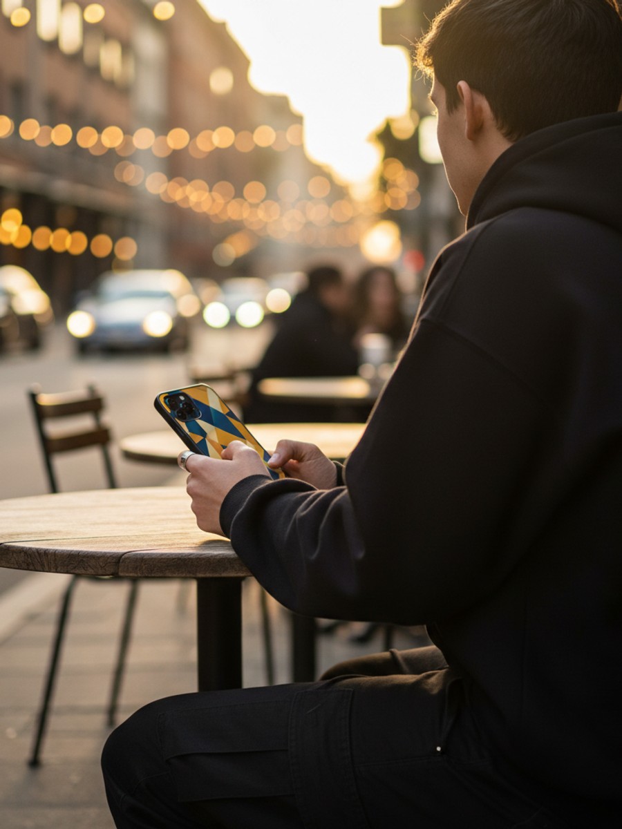 Man in black hoodie at outdoor café with geometric phone case