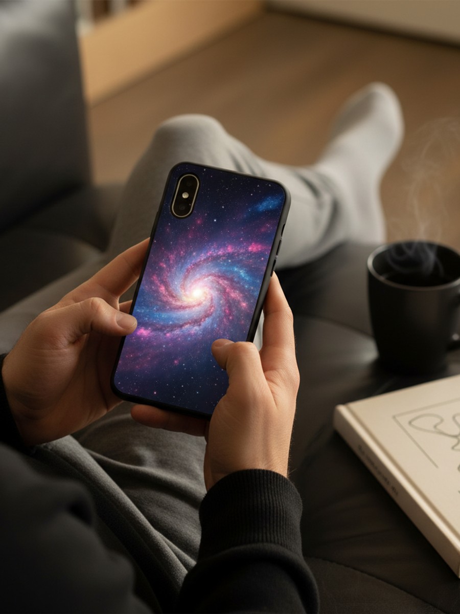 Hands holding phone with galaxy case on dark leather sofa