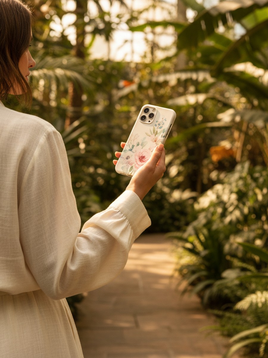 Woman in cream linen in botanical garden with watercolour case