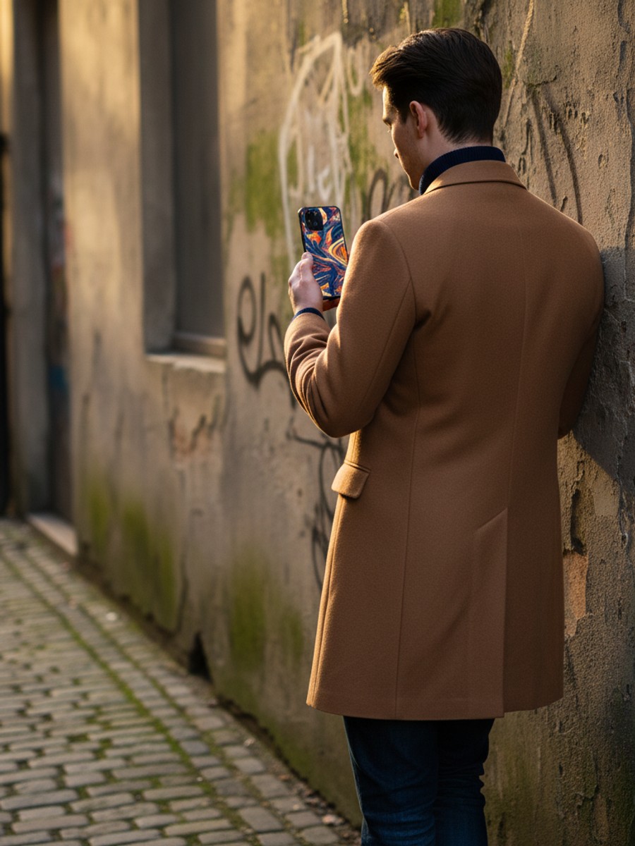 Man in camel overcoat leaning on urban wall with abstract art case