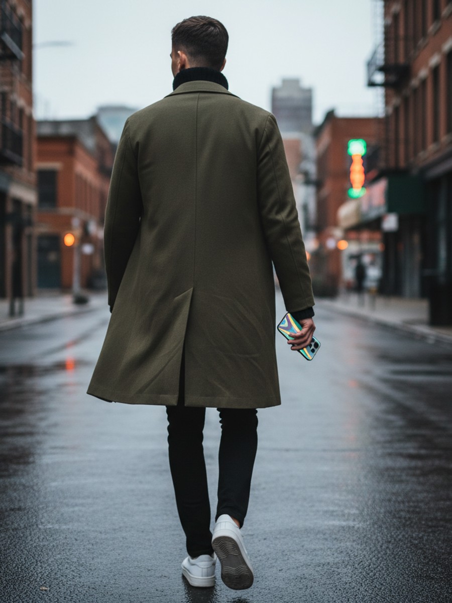 Man in olive overcoat walking city street with holographic case